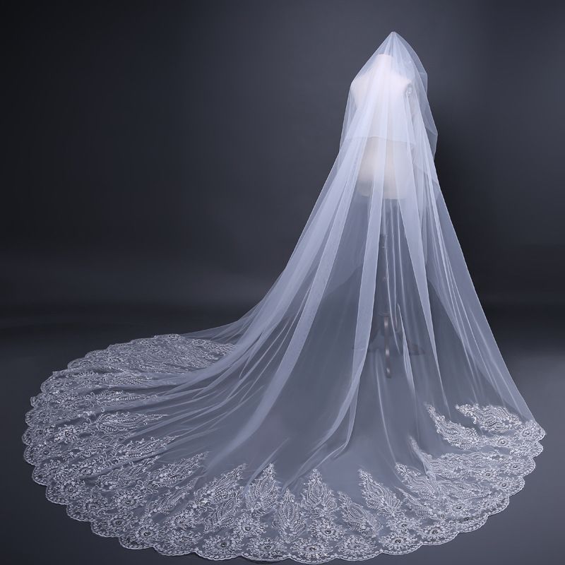 Rhinestone Wedding Veils Long Cathedral Ivory With Blusher Luxury Bridal Veils Designer Cheap
