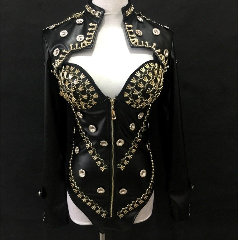 2019 Black White Pu Leather Rhinestones Bodysuit Hand Sewing