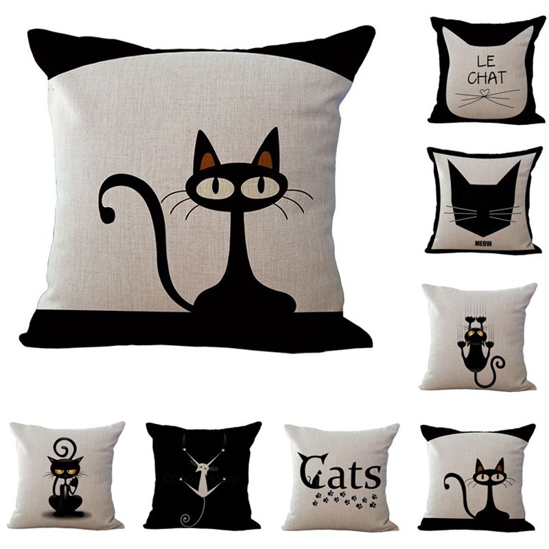 45*45cm Black Cats Pillow Case Cotton Linen Square Cushion Sofa Car