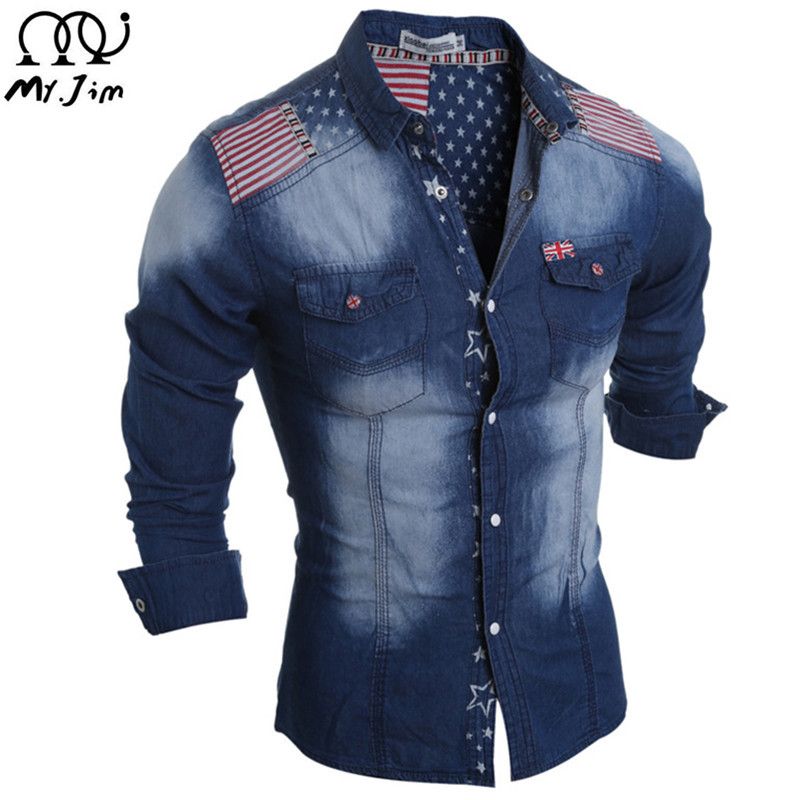 Fashion2016 New Brand Mens Denim Shirts Long Sleeve Men Dress Shirt