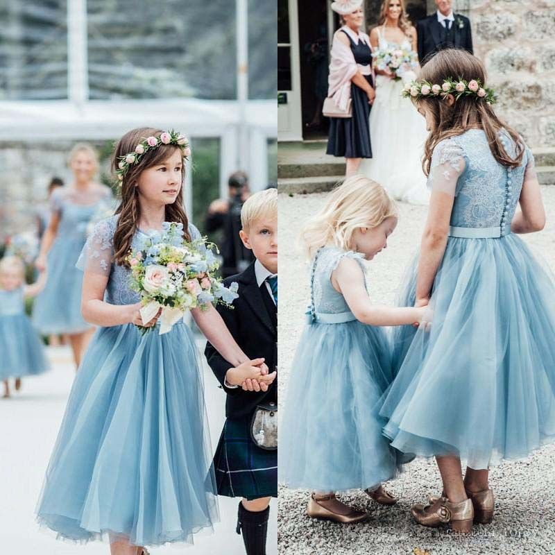 Lovely Pale Blue Flower Girl Dress For Wedding With Lace Appliques Tea