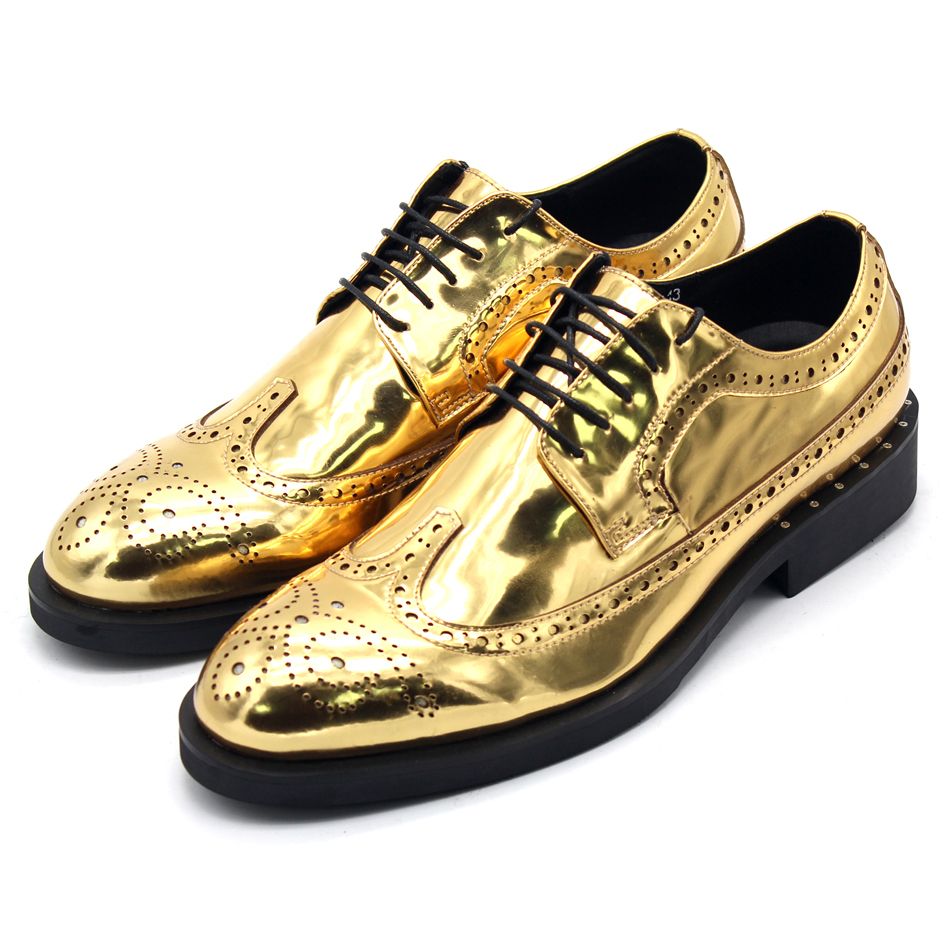 Men Gold  Formal Suit Dress  Shoes  Handmade Carved Brogue S 