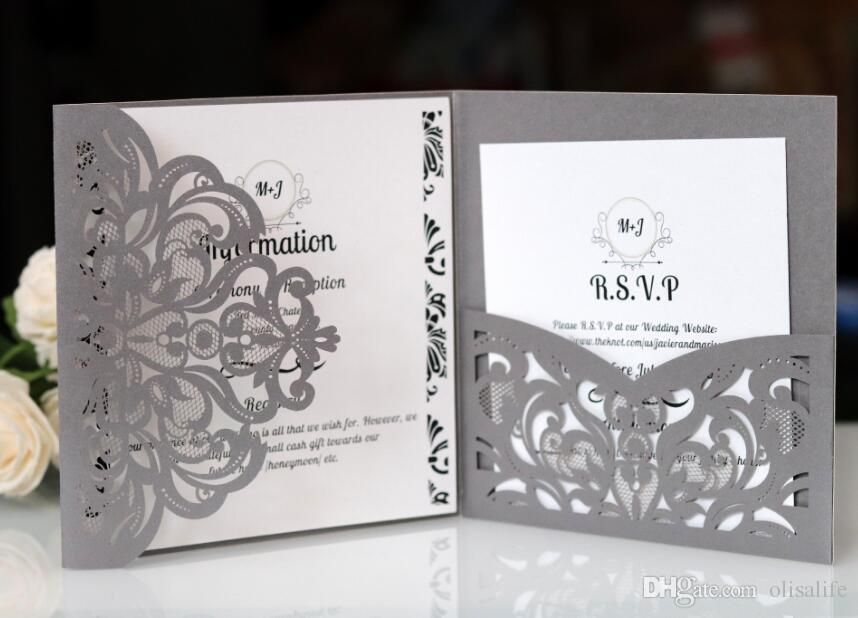 Pocket Invitations Silver Shimmer Square Laser Cut Wedding