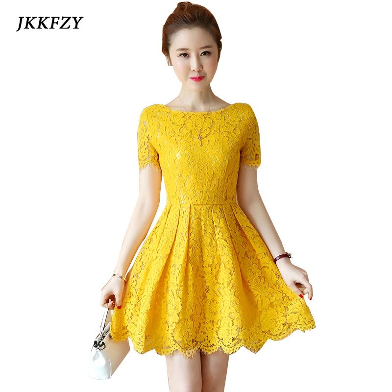 Yellow Knee Length Lace Dress