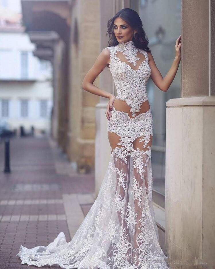 Discount Lace See Through Wedding Dresses Sexy High Neck Sleeveless