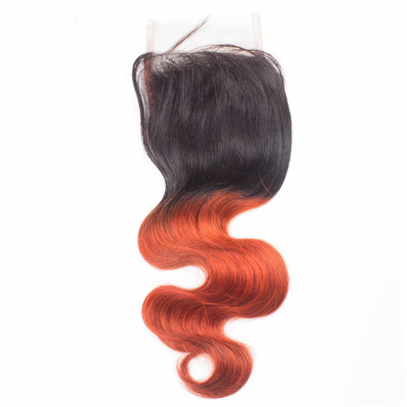 Ön Renkli Ombre Renk T1B Turuncu Brezilyalı Vücut Dalga Dantel Kapatma Ile 3 Demetleri Remy% 100% İnsan Saç Uzantıları Ücretsiz Kargo