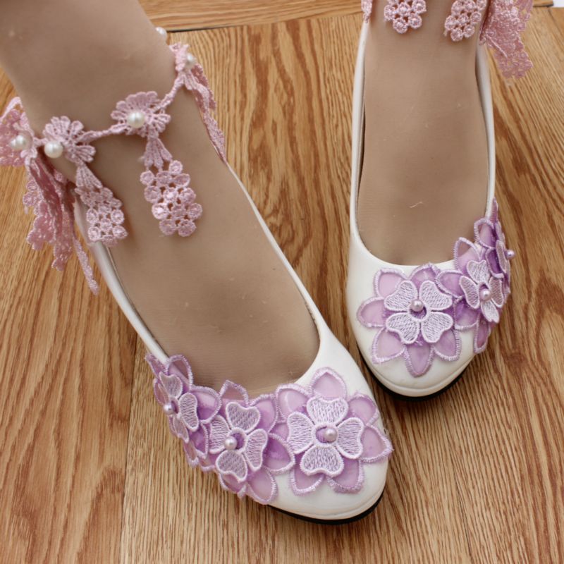 Light Purple Organza Flowers Bridal Shoes High Heels Platform Lace
