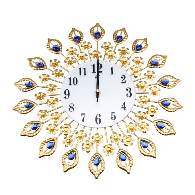 Modern Gold Flowers Large Living Room Wall Clock Metal Watch Home Decor