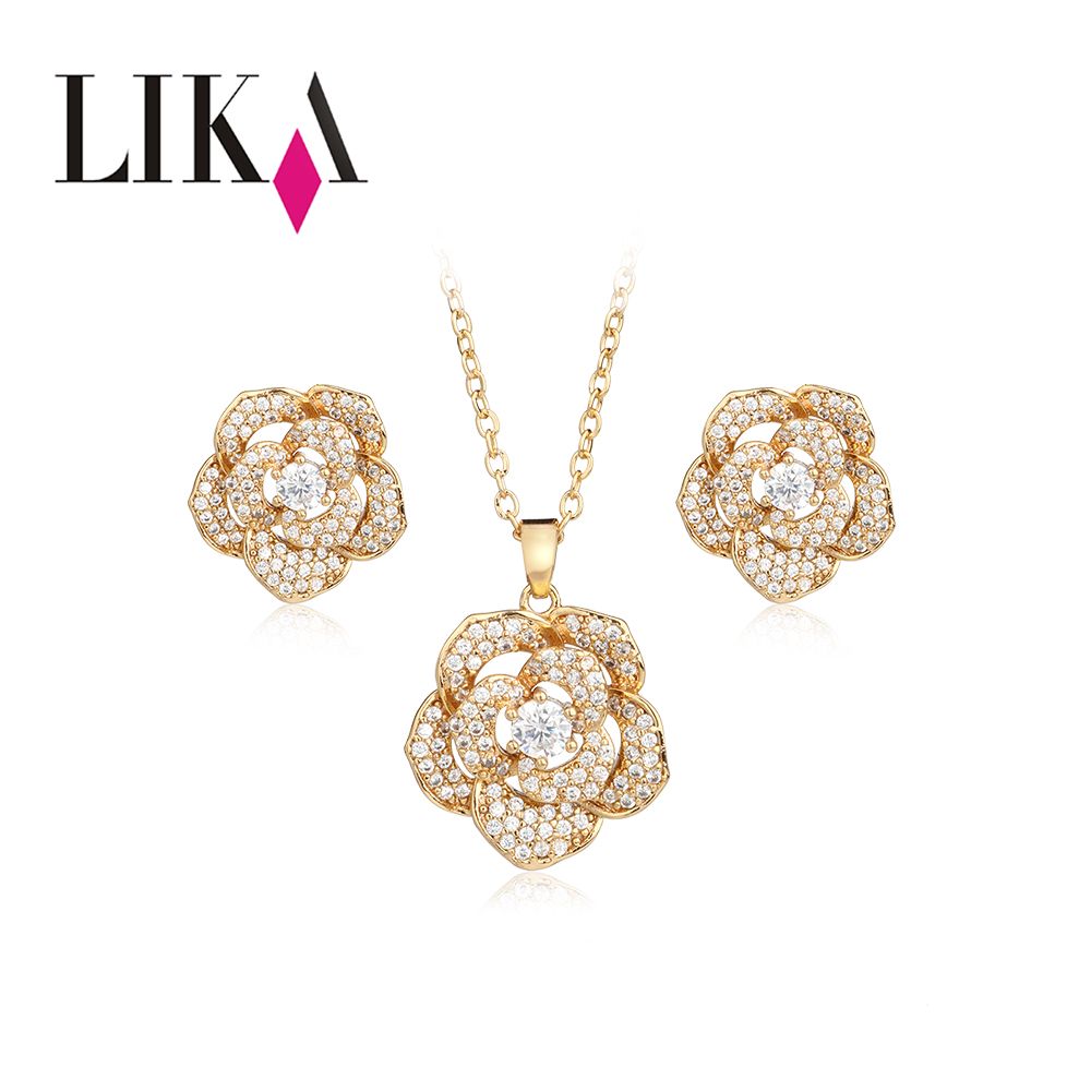 Lika De Mode Cadeau De Mariage Bijoux Or Argent Couleur Camélia Forme Cristal Boucles Doreilles Collier Réglable Pour Les Femmes Parures