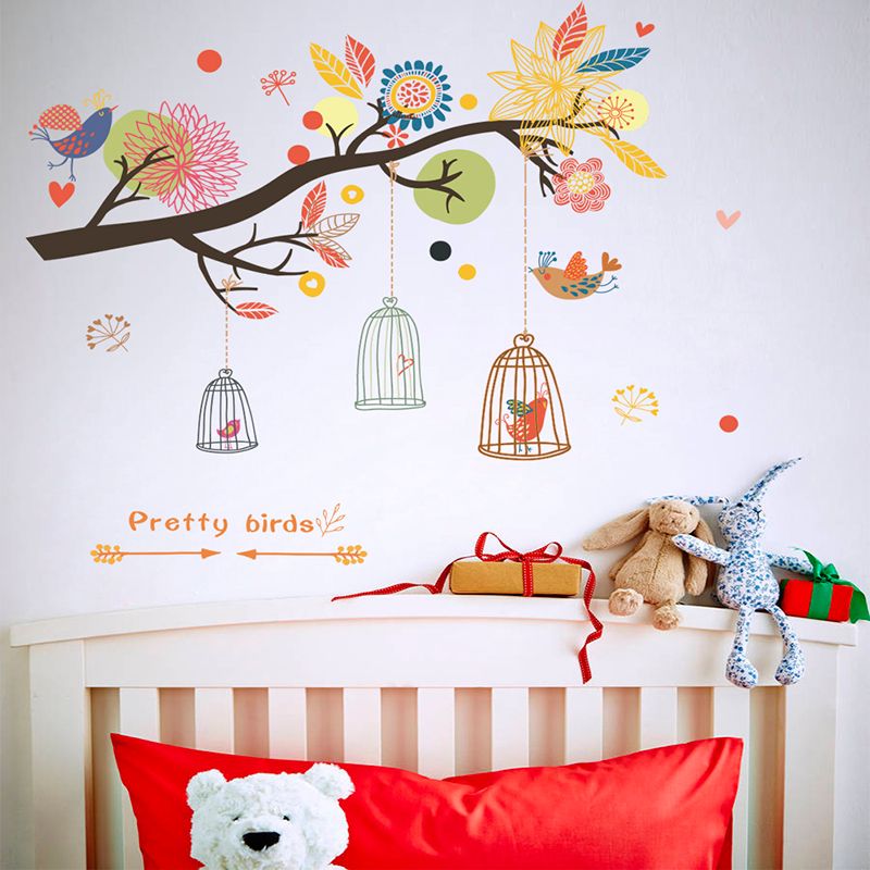 colorful flowers birdcage tree wall stickers for nursery kids rooms