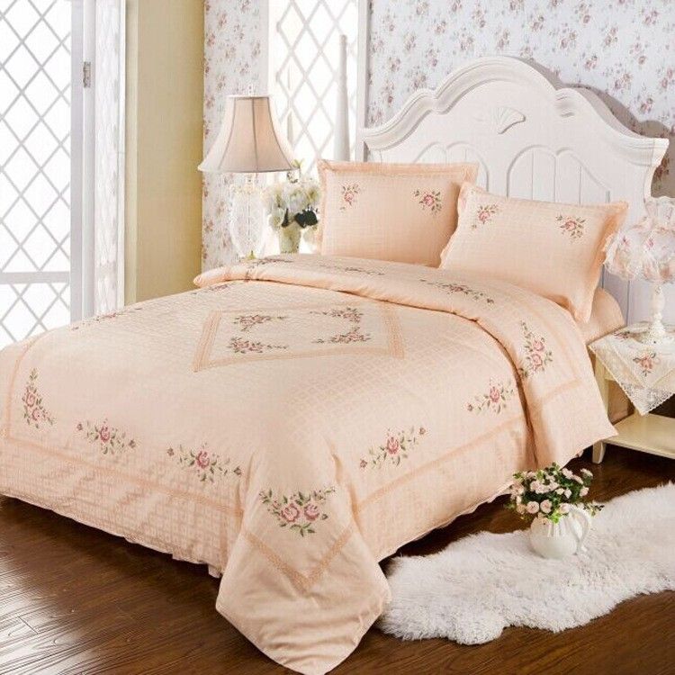 100 cotton salmon color jacquard cross stitch lace bedding sets salmon colored bed sheets