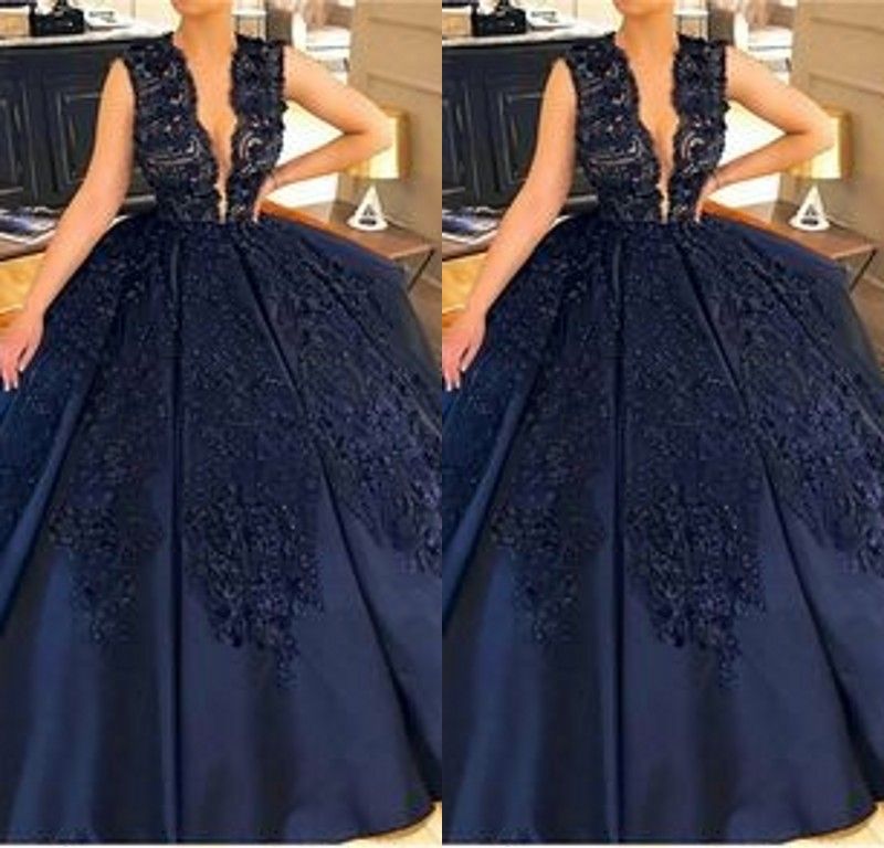 Acheter Robe De Soirée Longue Bleu Marine À Manches Longues En Dentelle Robe  De Soirée Longue En Satin Perlée Robe De Soirée Formelle De 126,86 € Du  Queendresses | DHgate.Com