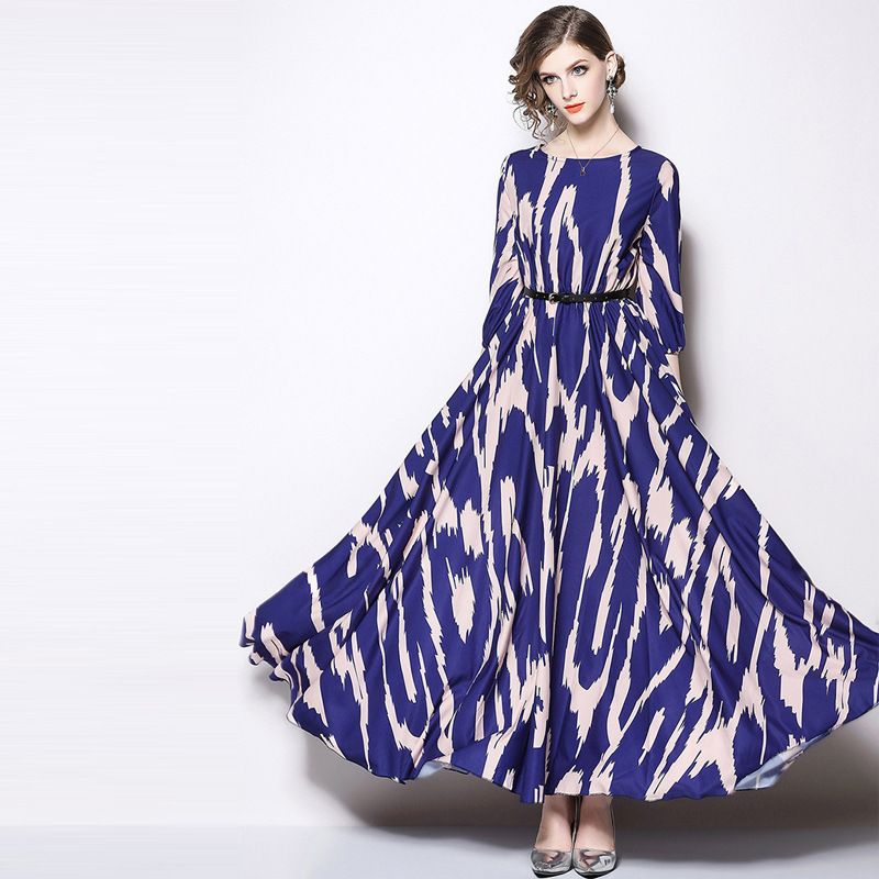 Maxi Beach Holiday Dresses Female Print Long Dresses Women Vintage High Waist Casual Going Out Dress