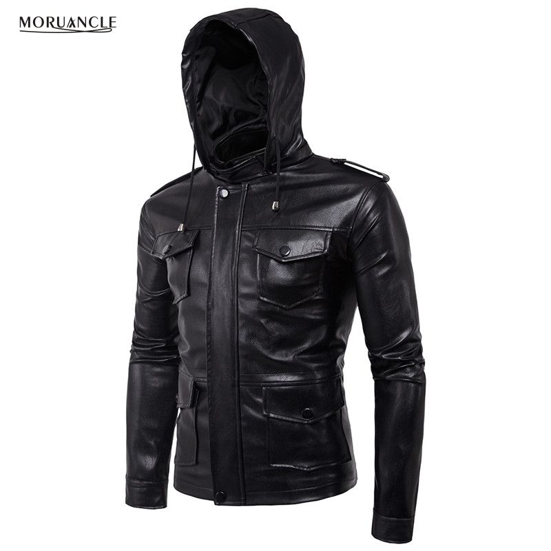 Moruancle New Fashion Men S Hooded Leather Jackets Faux Pu Jacket With Hood For Male Plus Size M 5xl Multi Pockets