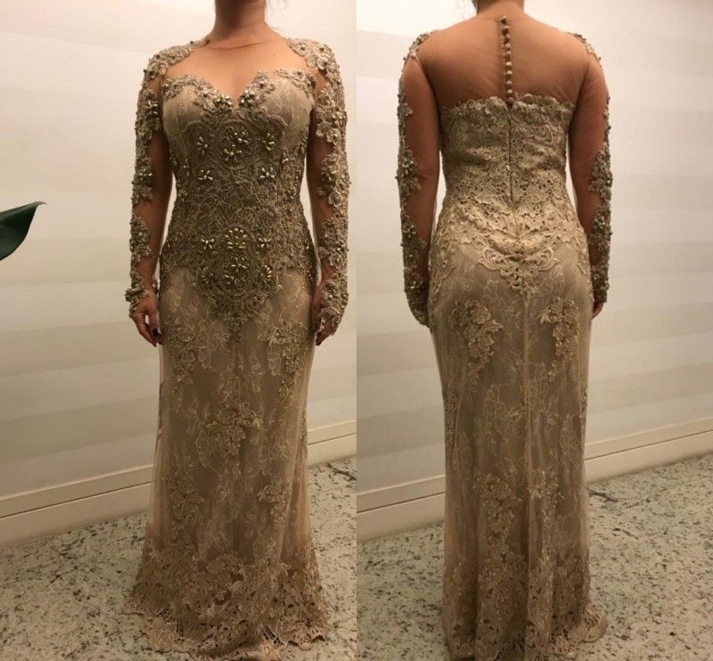 Elegant Gold Long Sleeve Lace Mother Of The Bride Dresses Jewel Beaded