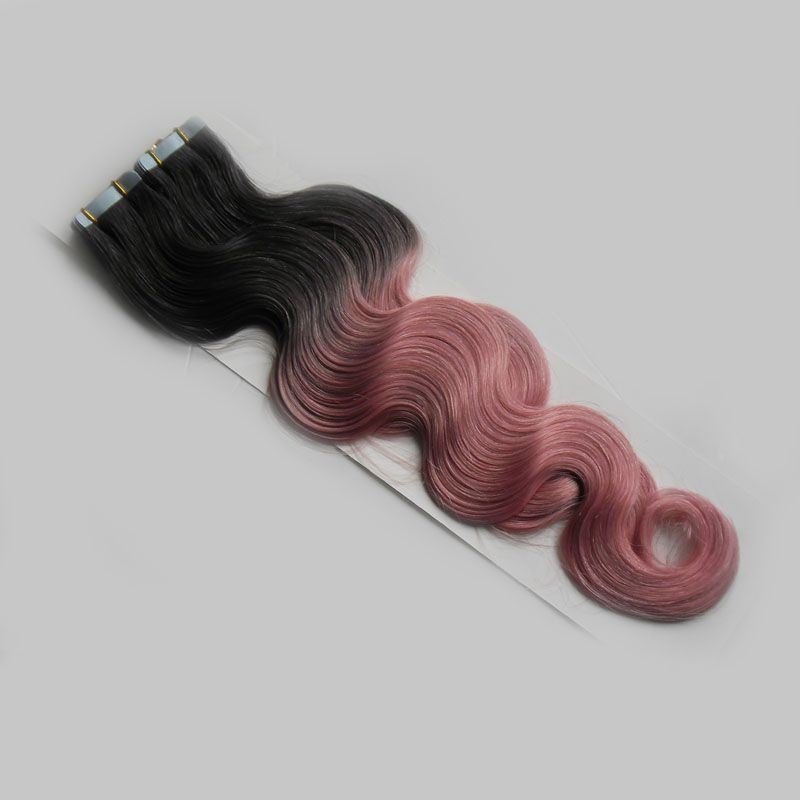 T1B/Pink Ombre Tape In Human Hair Extensions 100G Skin Weft Virgin Body