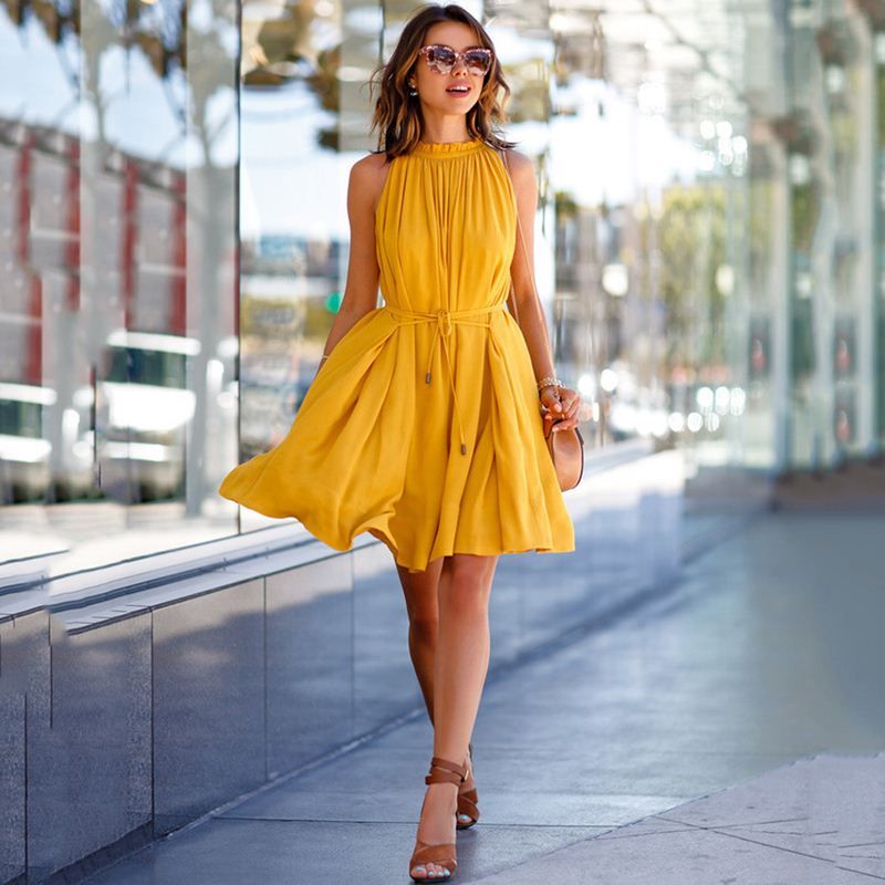 acheter robe d'été femme 2018 jaune bref sans manches À lacets