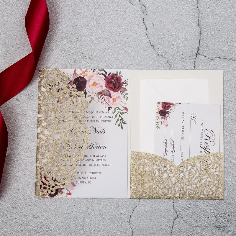 gold glitter tri fold invitation card with rsvp pocket envelope for