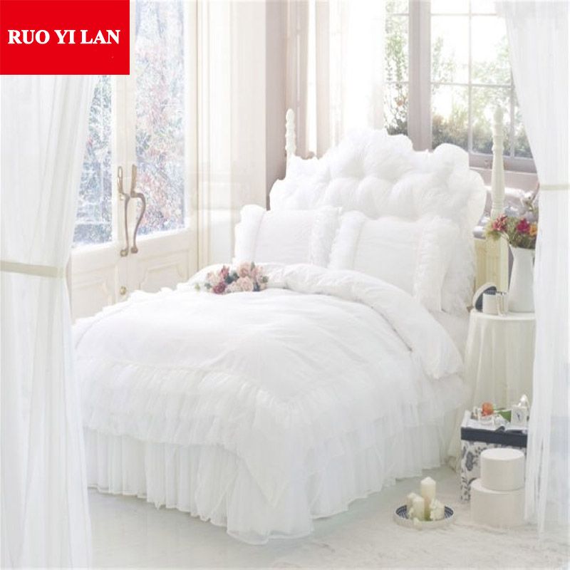 Romantic Princess White Bedding Set 4pcs Silk Lace Ruffles Duvet Cover Bedspread Bed Skirt Bedclothes Twin King Queen Gift Bag