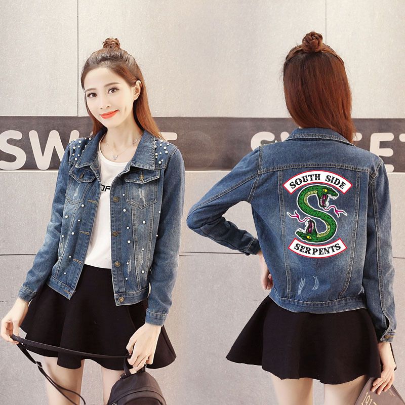 Vaqueros La Ocasional Pantalones Serpientes Mezclilla Hembra Las Bombardero Mujeres Chaqueta Del Sur Los De Riverdale Escudo q71vZywf