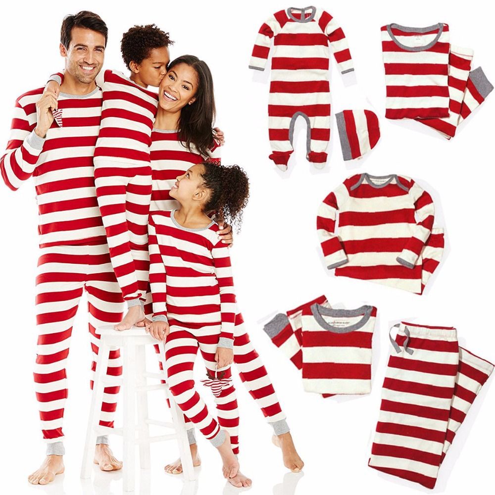 Christmas Matching Family Pajamas Red Striped Nightwear Baby Kid Adult Clothes Xmas Striped Mama Papa Kids Clothing Romper Outfit Gift Matching Hawaiian