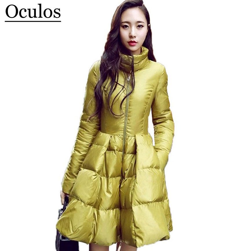 2017 New Fashion Women Winter Down Jackets Warm Long Slim Coat And Jacket Female Big Swing Yellow Black Ladies Snow Outwear