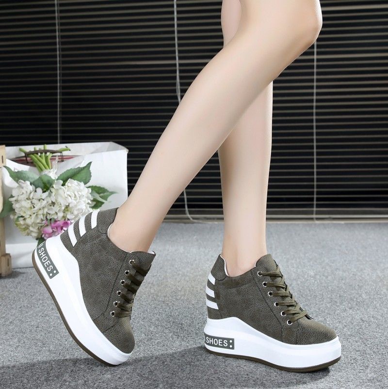Femmes Wedge Heeled Mode Sneaker Faux Cuir Plate-Forme Chaussures Rocker Sole Chaussures De Marche À Lacets Chaussures De Fitness