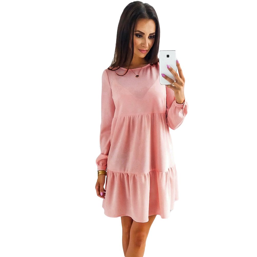 2019 New Fashion Women Long Sleeve Casual Loose Tiered Dress Solid