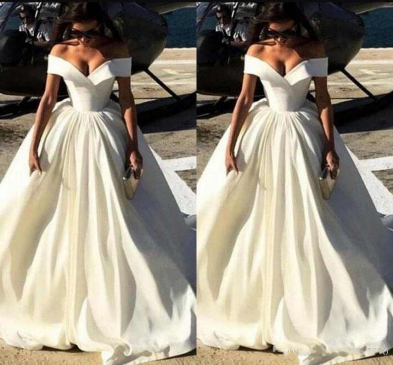 Discount Simple Satin Wedding Dresses Off The Shoulder Capped