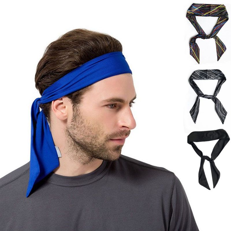 Women Men Striped Solid Tie Back Sport Headband NonSlip Stretch