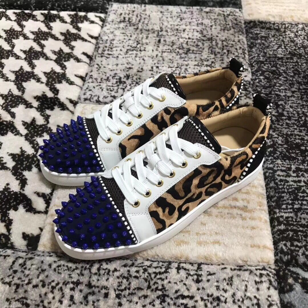 High Quality Red Bottom Men Women Blue Spikes & Leopard Casual Sneakers ...