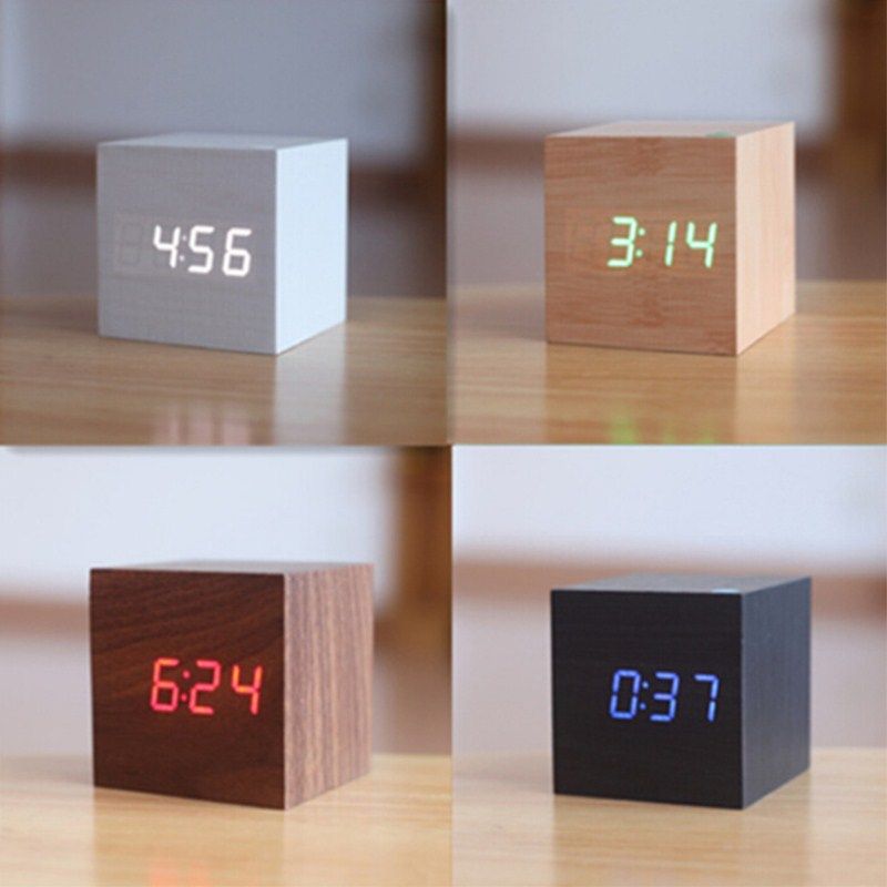 2020 Cube Wooden Led Alarm Clock Display Electronic Desktop
