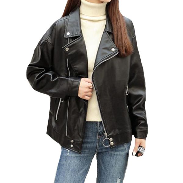 Boyfriend Style Leather Jackets 2018 New Autumn Women Long Sleeve Black Pu Jacket Female Loose Outwear Coats