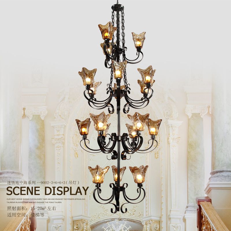 Traditional Iron Chandeliers Villa Staircase Long Large Traditional Iron Chandeliers Villa Staircase Long Large Hotel Restaurant Black Lamp Classical Glass Chandlier Lights Capiz Chandelier