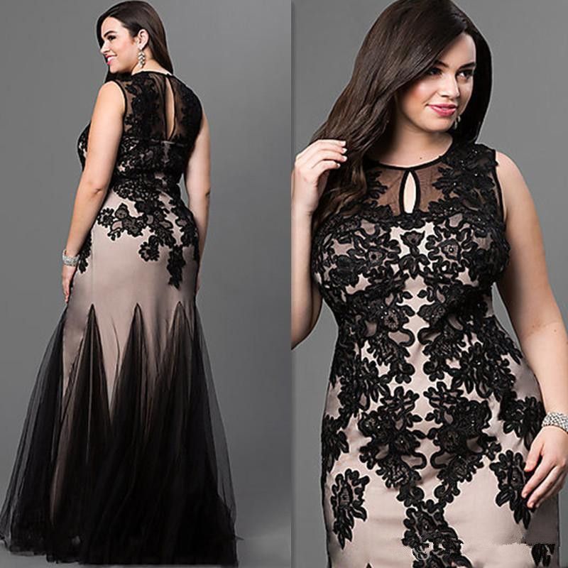 Black Plus Size Prom Special Occasion Dresses Jewel Black Lace Appliques Mermaid Long Formal 