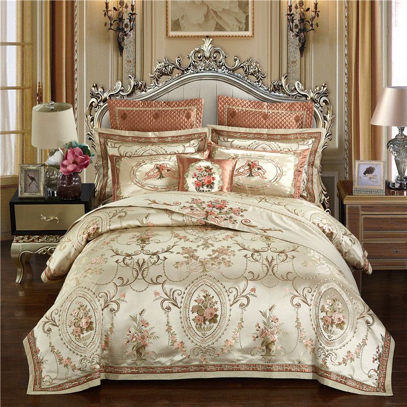 Gold Color Europe Luxury Royal Bedding Sets Queen King Size Satin Gold Color Europe Luxury Royal Bedding Sets Queen King Size Satin Jacquard Duvet Cover Bed Spread Set Pillowcase 4 6 Twin Black And