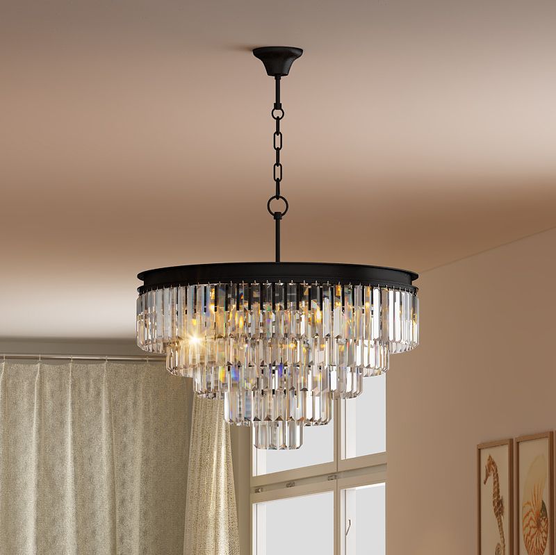 5 Tier Odeon Crystal Glass Prsim Fringe Chandelier Flush Mount Ceiling Chrome Lighting