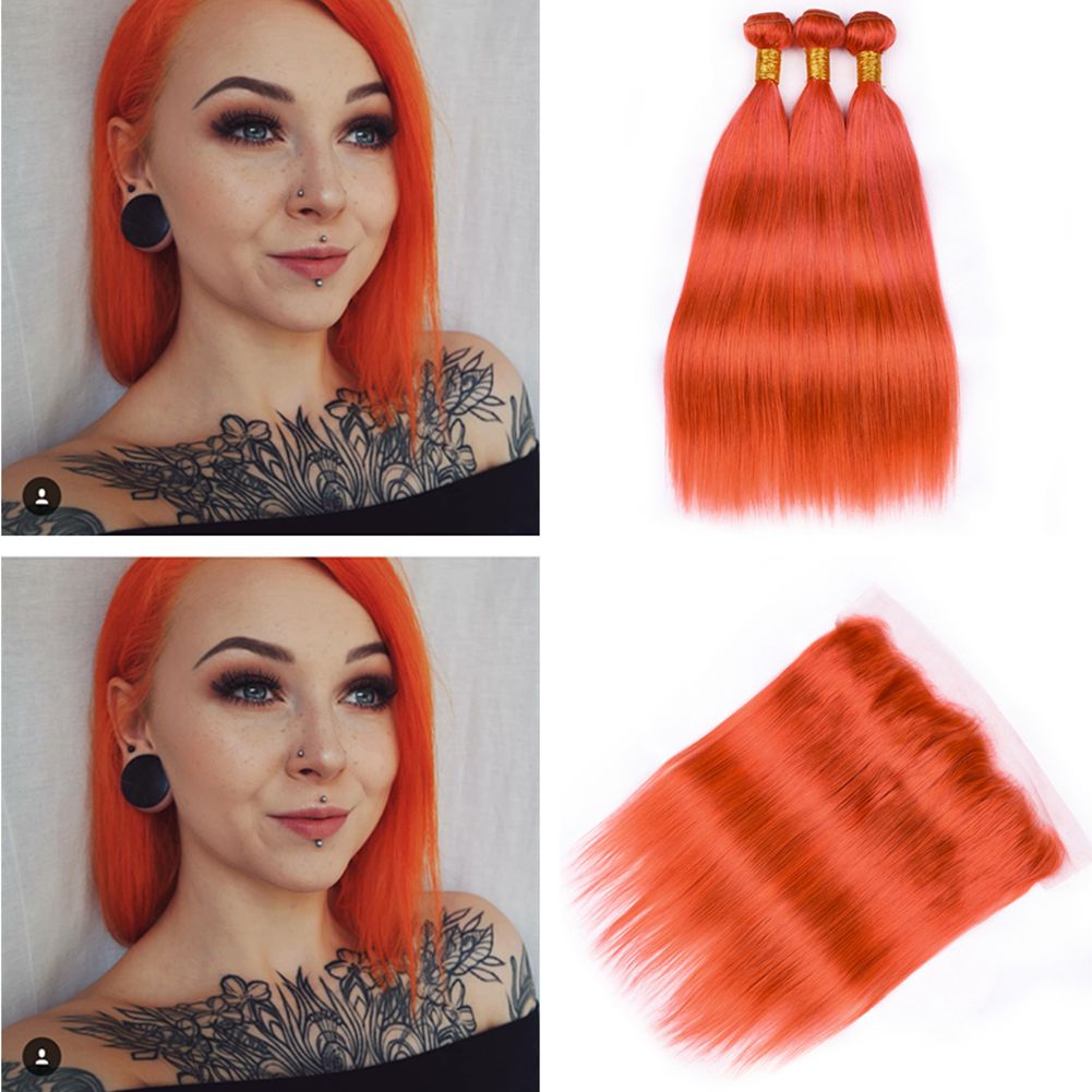 Orange Color Silky Straight Human Hair Weaves And Lace Closure Pure