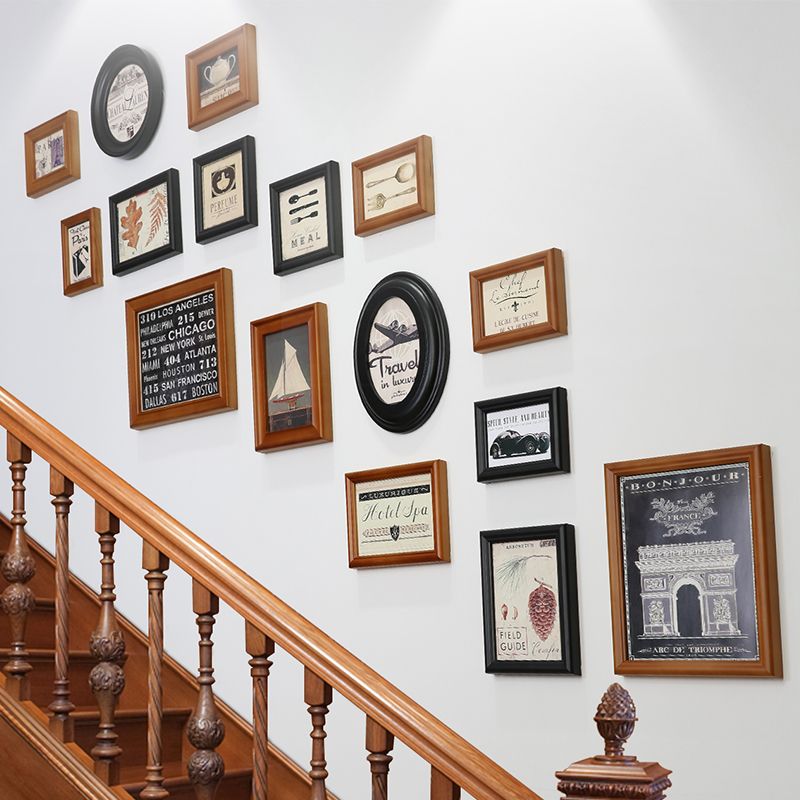 Stairs Wall Hanging Wood Photo Frame Set Picture Frames For Home Stair Round Rectangular 16pcs Multi Function Vintage