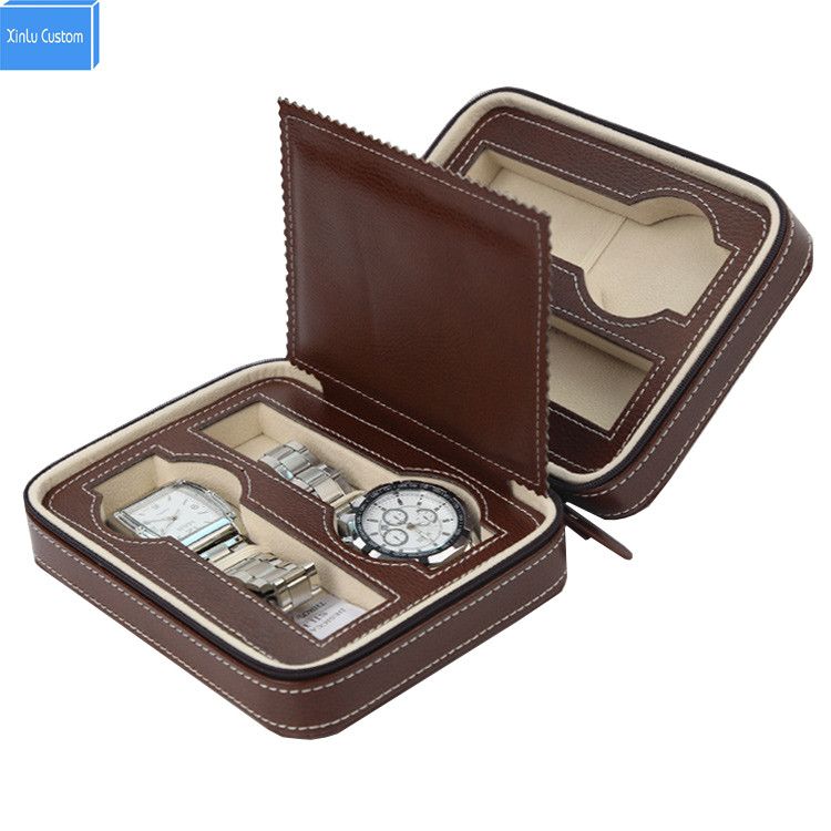 Luxury Brown Zippered Leather Watch Travel Case Sport Storage Box Watch