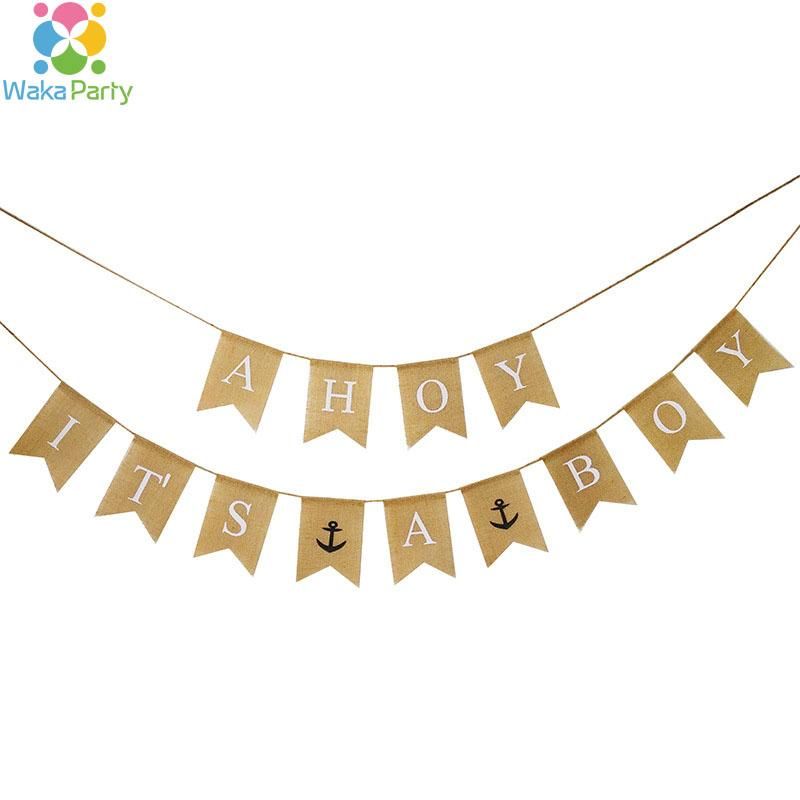 2019 Ahoy Its A Boy Burlap Bunting Flag Rustic Baby Shower