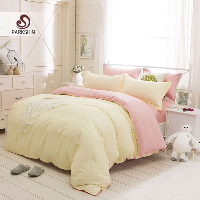 Parkshin Beige And Pink Solid Color Bedding Set Comfortable Plain Parkshin Beige And Pink Solid Color Bedding Set Comfortable Plain Double Duvet Cover Soft Polyester Flat Sheet Bedclothes Blue Sets Queen