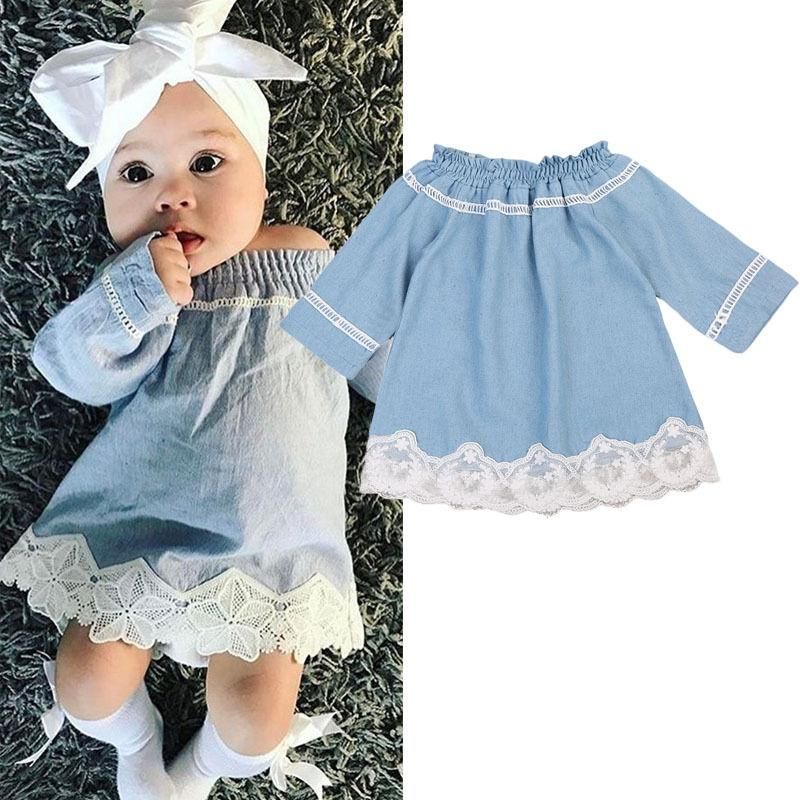 2019 2018 Newborn Baby Girl Lace Off Shoulder Denim Dress Party