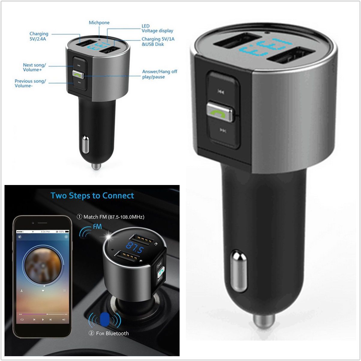 TOP Quality Wireless Car Bluetooth FM Transmitter Radio AdapterCar USB Charge Kit Black MP3 ...
