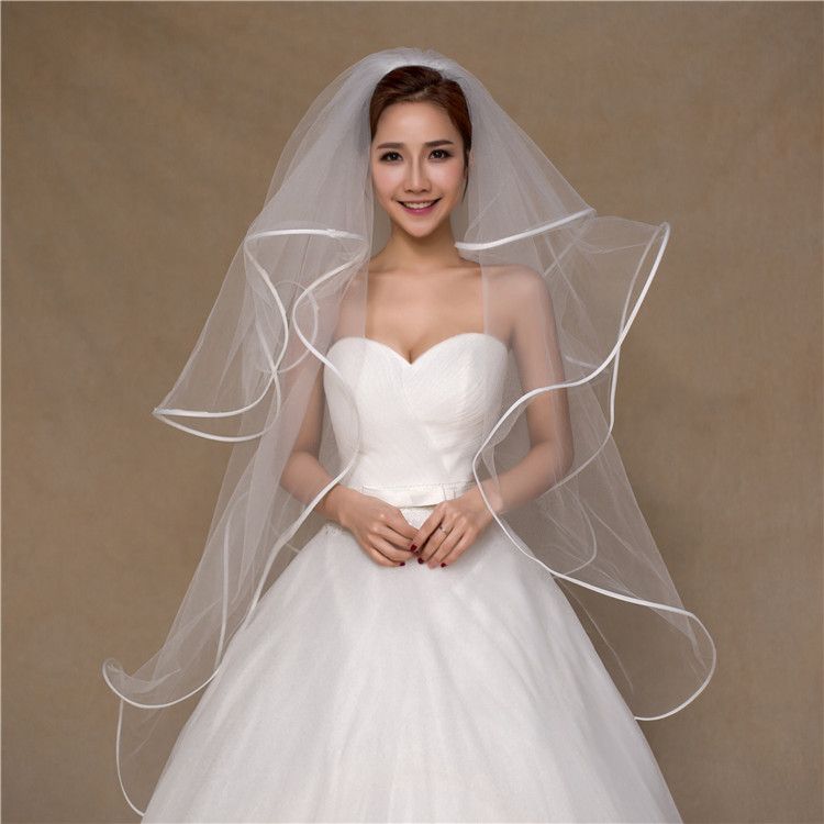 1T Ivory Elbow Length Ribbon Edge Center Cascade Bridal Wedding Veil