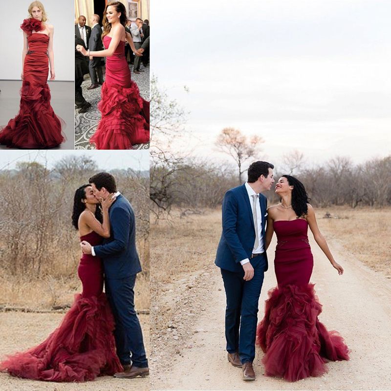 Burgundy Mermaid Wedding Dresses Wine Red Strapless