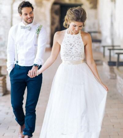 2017 New Lace Bohemia Style Beach Wedding Dresses Sash Floor Length A Line Halter Tulle Bridal Gowns Backless Robe De Mariage