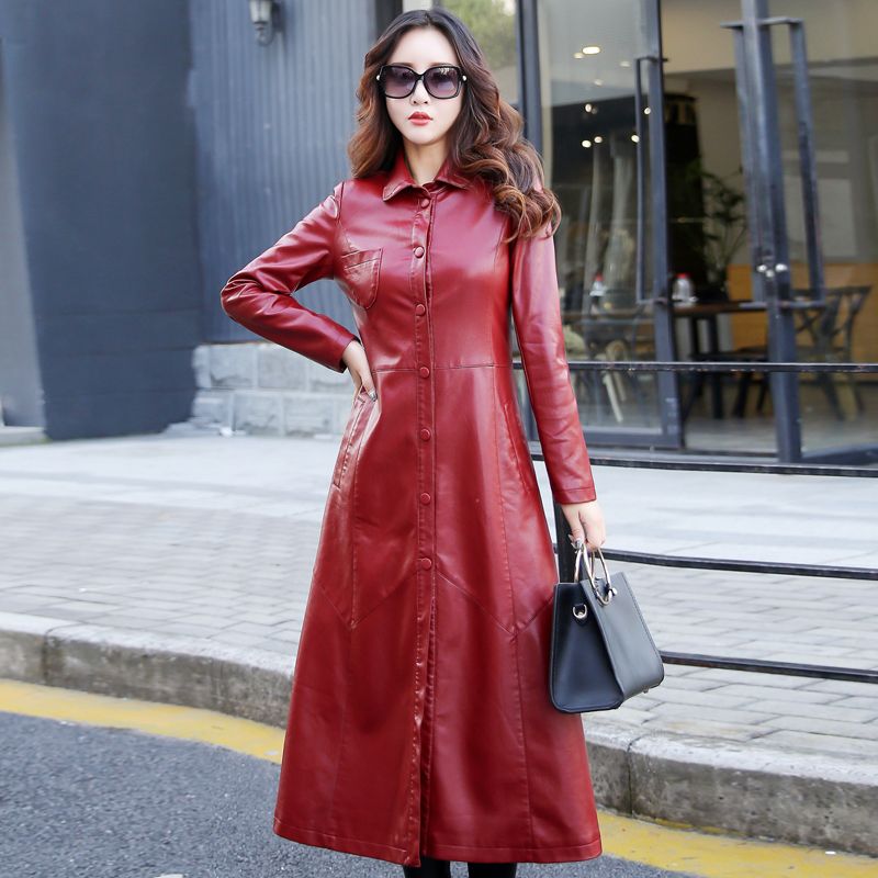 Xxxxxl Autumn Large Swing Women Faux Leather Trench Coats China Fashion Single Breasted Pocket Long Ladies Leather Jackets 2017