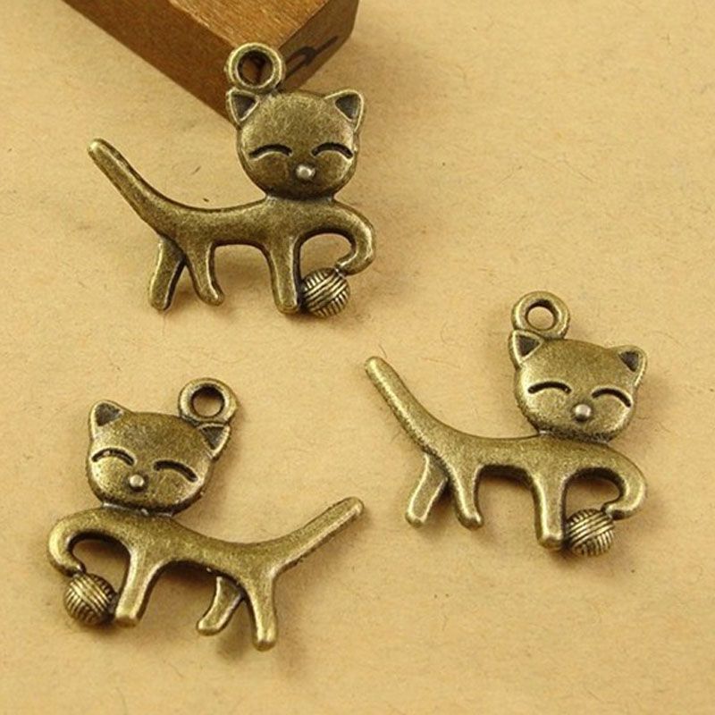 Bronze Kitty Cat Spoon Charm Long Chain Clasp Necklace Gift US Seller