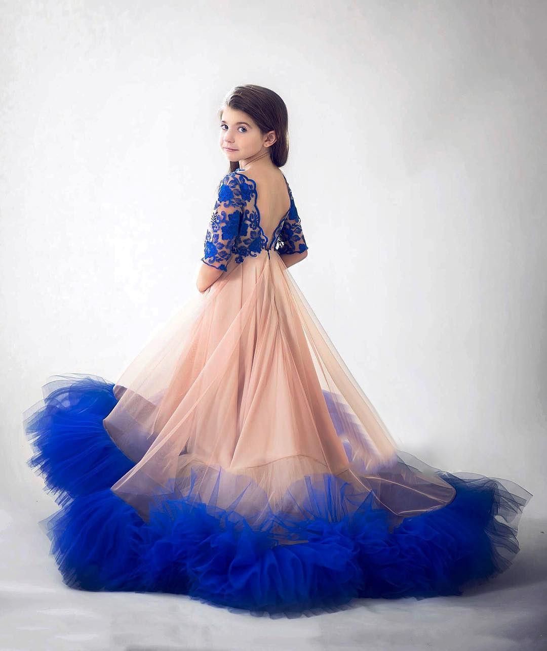 Princess Royal Blue Flower Girls Dresses For Weddings Designer Backless